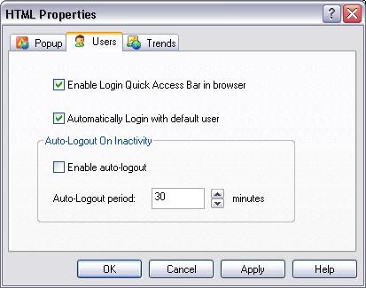 This dialog box enables you to define remote user login parameters. 1. Check the Enable Login Quick Access Bar in Browser checkbox to enable this option.
