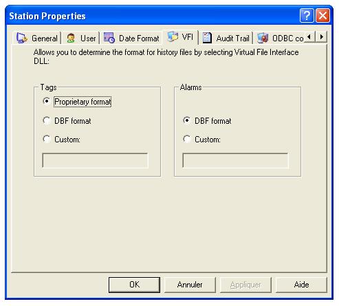The format for history files is set in the VFI tab of the Station Properties dialog box.
