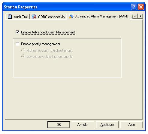 3. Check the Enable Advanced Alarm Management checkbox. You can define the order in which alarms in a queue will be processed by selecting Enable Priority Management.