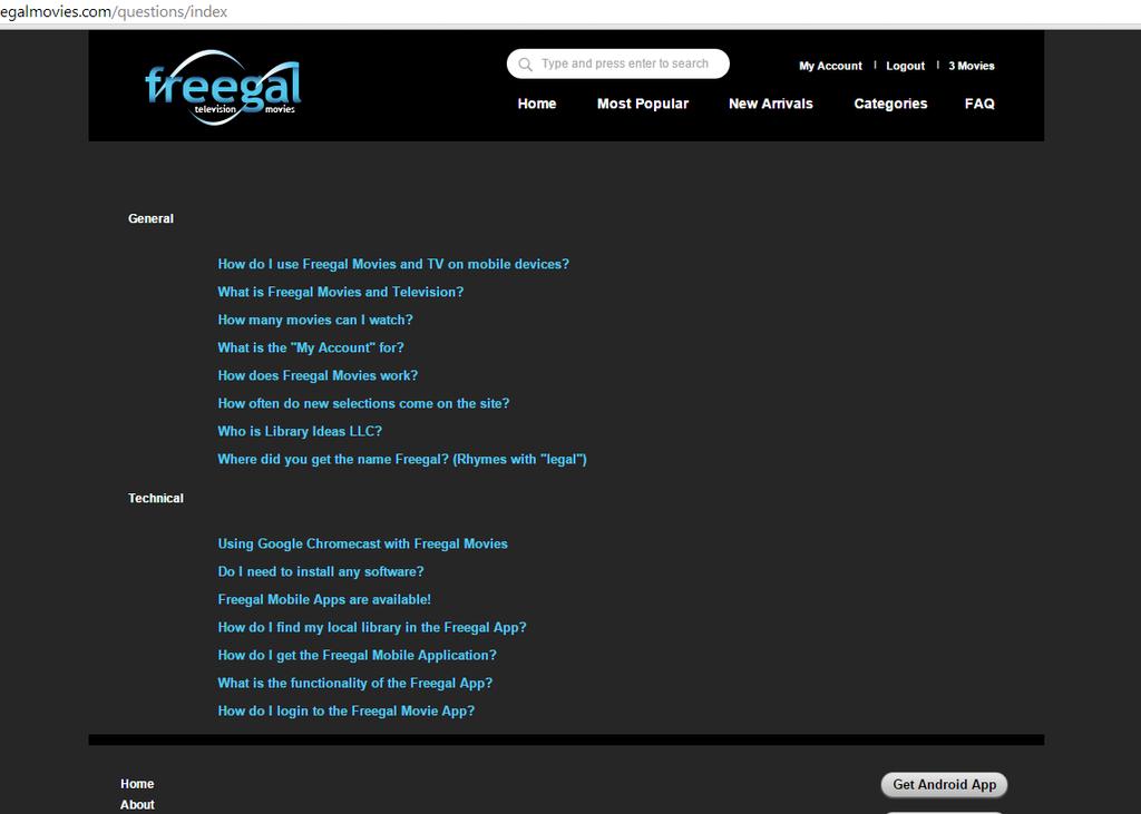 Top Menu Bar, continued FAQ The Frequently Asked Questions link takes you to a page that lists some of the most common questions Freegal has received about