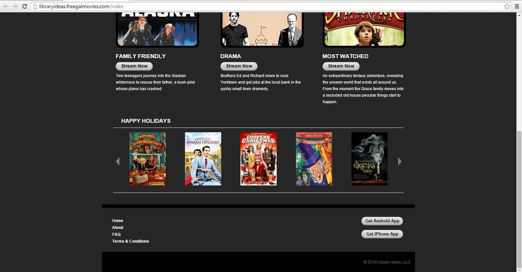 Below the menu bar are three sections that display featured films and television shows.