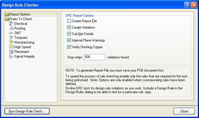 Configuring the DRC Configuration for the check is carried out in the Design Rule Checker dialog, accessed by selecting Design Rule Check from the PCB Editor's Tools menu.