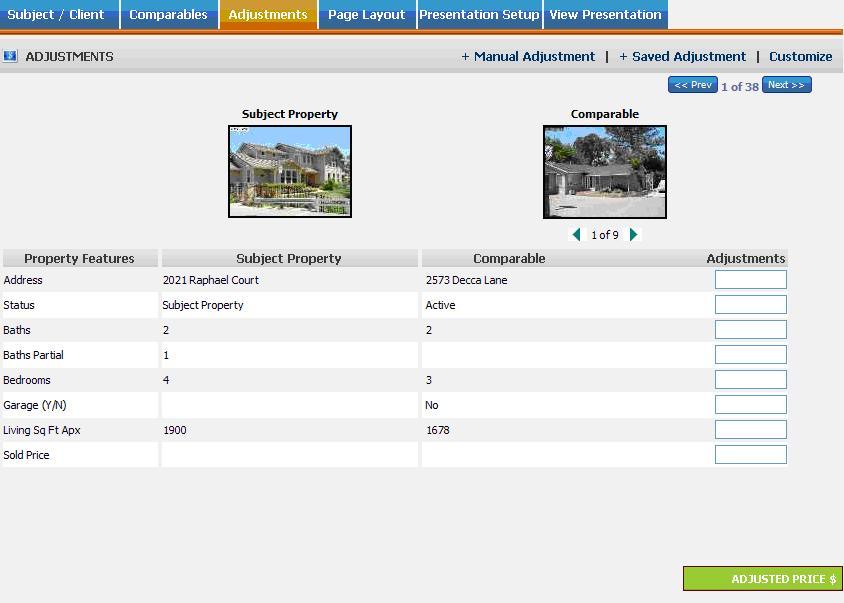 4. Select the Adjustments tab to open the comparables adjustment window.