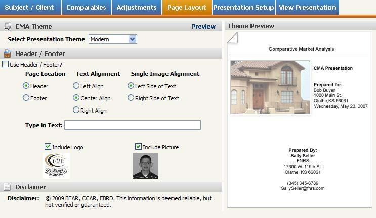 * 5. Select the Page Layout tab to customize your CMA presentation style. 6. After deciding your style, click the Presentation Setup tab to select CMA reports.
