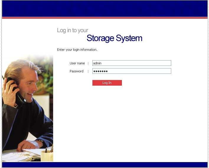 3. The following screen appears. Input the default user name admin and the default password storage.