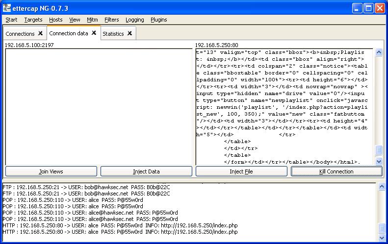 Usernames and passwords detected by ettercap Attack #2 Scenario: Windows XP desktop accesses to an Internet site that uses SSL,