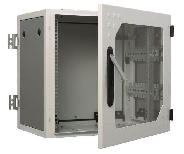 Floor Distributor: Wall-mounted enclosure 9-19 HU developed for flexible networking solutions in office applications fast and easy access due to dismountable frame covers solid frame construction