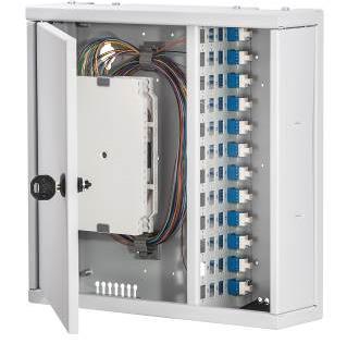 Splice units: Wall splice case for up to 48 fibers Connector system: LCD Material and color: steel, RAL 7035 Dimensions: 300 x 300 x 85 mm incl. mounting plates for cable glands (PG 13,5/16) incl.