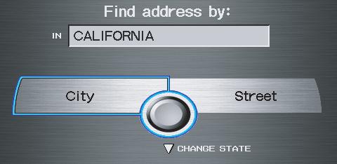 By Address After you select Address from the MENU screen (Enter destination by), the display changes to: Tip: When entering an address by voice, it is more efficient to say the city name first, then