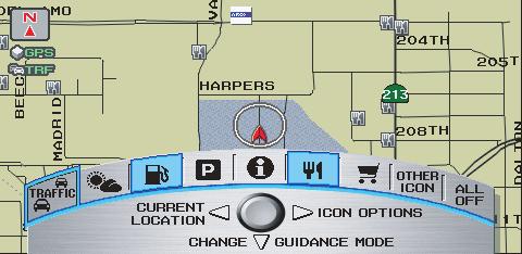 Driving to Your Destination Showing Icons on the Map Selecting Show Icon on Map from the Map menu (see page 59) displays the following screen: The screen consists of the following items: Icon Bar