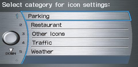 In the screen above, traffic, gas stations, and restaurants are selected. Rotate the Interface Dial knob and push in to select (goes blue) or remove them (symbol is gray).