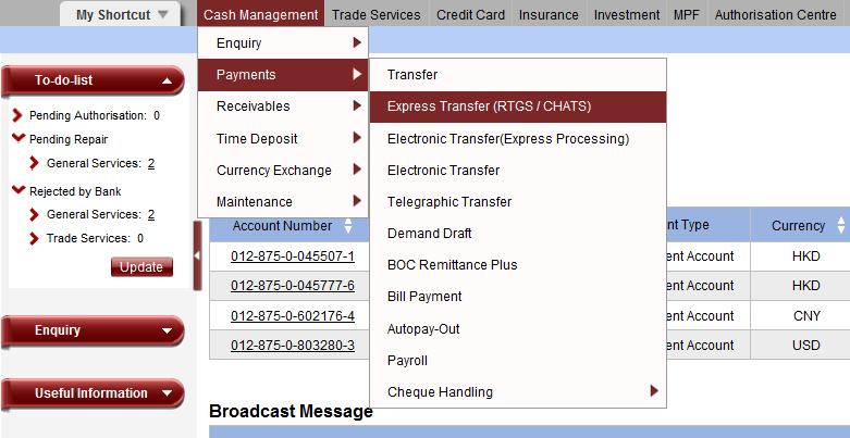 1. Create Remittance and Transfer Transaction 1.1 Create Express Transfer(RTGS/CHATS)Transaction Step 1: Data Input 1.