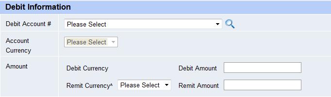 (1) Select Debit Account (2) Select Account Currency (3) Enter Debit Amount or Remit Amount (4) Select Remit Currency 5.