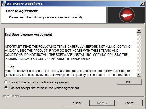If the terms of the end-user licensing agreement (EULA) are acceptable, select I accept the terms in