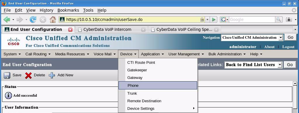 14 4. Set Up a New Phone Device in Cisco Call Manager To set up a new phone device in Cisco Call Manager, 1.