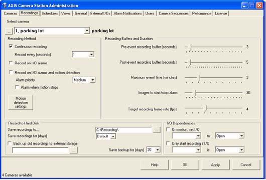 AXIS Camera Station Administration Recordings All settings that pertain to Recordings; e.g. motion detection, recordings triggered by an incoming signal from an input/output and saving recorded images are defined under this tab.