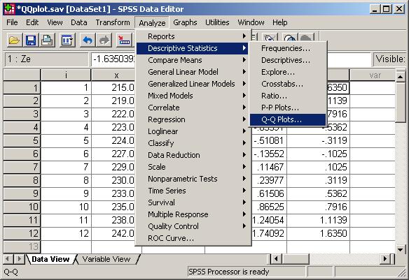 Select the toolbar commands shown below In the Q-Q Plots window assign the original variable to Variables,