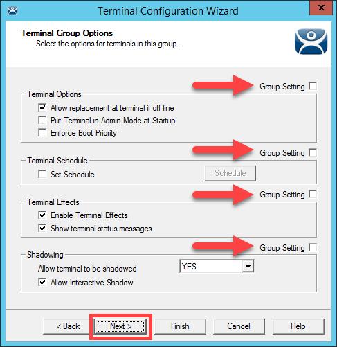 Click the Next button from the Terminal Group Name of the Terminal Configuration Wizard. 9. From the Terminal Group Options page of the wizard, notice the Group Setting checkboxes.