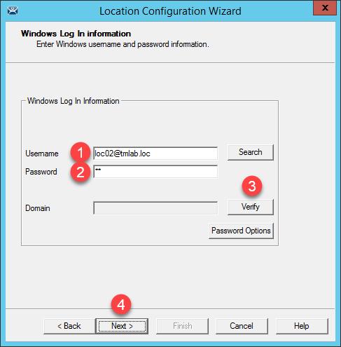 From the Windows Log In Information page of the wizard, enter loc02@tmlab.
