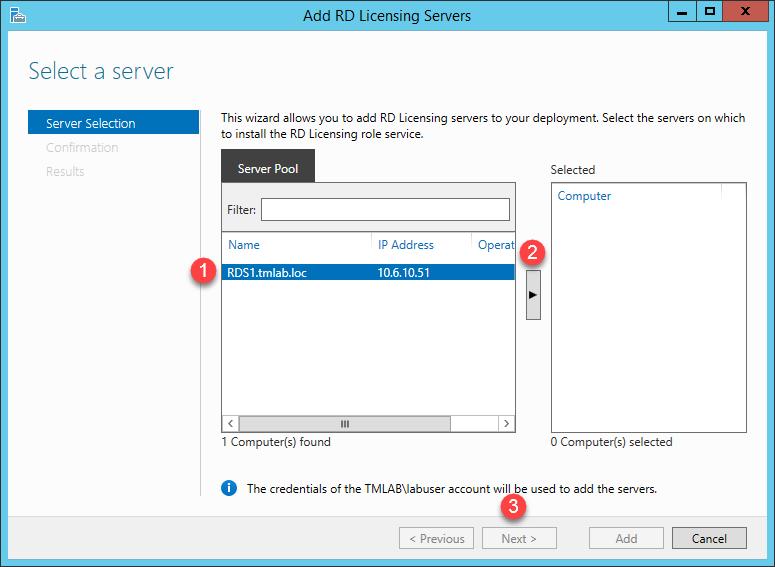 From the Server Selection page of the Add RD Licensing Servers wizard, click the Right Arrow button to