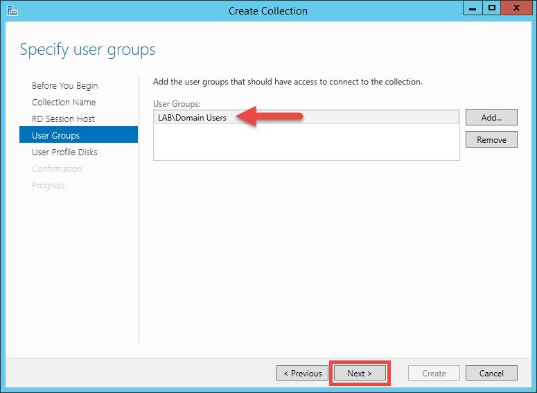 5. From the User Groups page of the Create Collection wizard, keep the default selection
