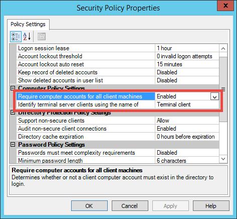 The Require computer accounts for all client machines policy is by default set to Enabled.
