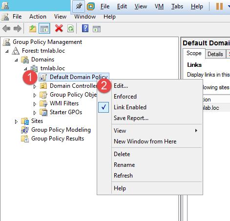 3. From the Group Policy Editor, right click the Default Domain Policy item and click Edit 4.