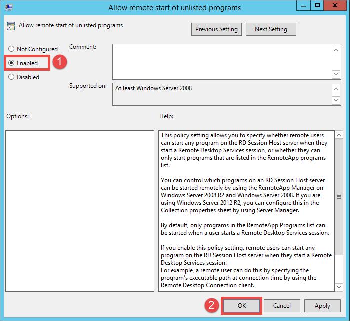 5. From the ensuing policy setting dialog box, click the Enabled option button followed by the OK button.