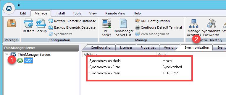 From the ThinManager Server tree, select RDS1, followed by the Synchronization tab. You should see a Synchronization State of Synchronized.