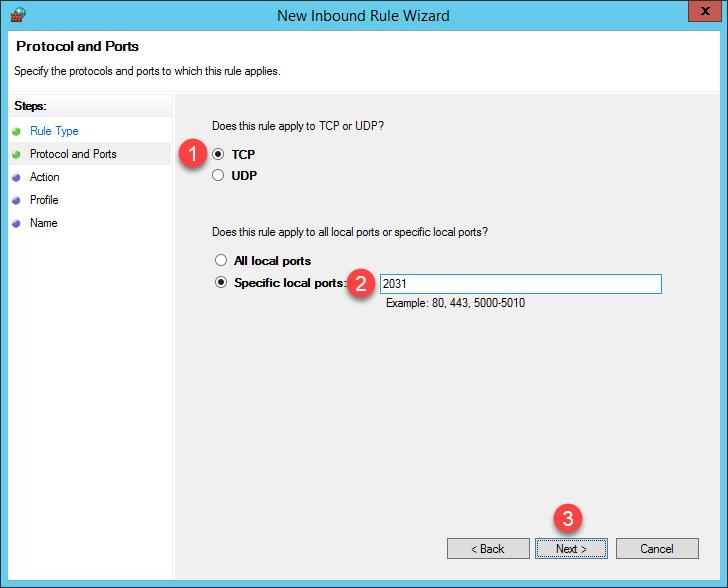 4. From the Protocol and Ports panel of the New Inbound Rule Wizard, select the TCP radio button and enter 2031 in the Specified local ports field. Click the Next button.