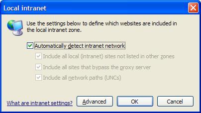 5. Click Advanced to view the local intranet sites. 6.