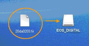 Copy the firmware update file "20da0203.fir" via a card reader to a CF card that has been formatted in the EOS 20Da.