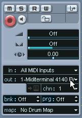 3. Record enable the MIDI track by clicking the red button in the Track list. MIDI Thru is automatically activated when the track is record enabled. Record enabling the track in the Track list.