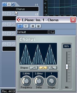 3. Select Chorus from the Modulation submenu. The effect is loaded and automatically activated, and its control panel appears. 4. Play back the project and try selecting different chorus presets.