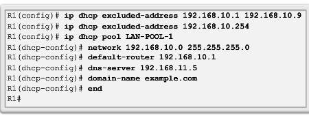 Configure DHCPv4 Server Configure a Basic DHCPv4 Server A Cisco router running the Cisco IOS software can be configured to act as a DHCPv4 server. To set up DHCP: 1. Exclude addresses from the pool.