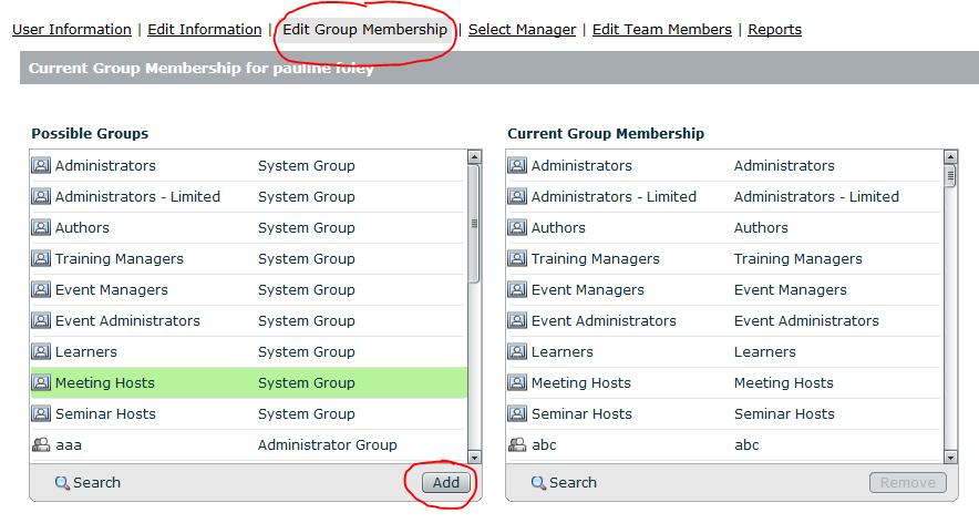 3. Once in information choose "Edit group membership" Highlight the word "meeting Host" on the left hand side and click the "add" feature.