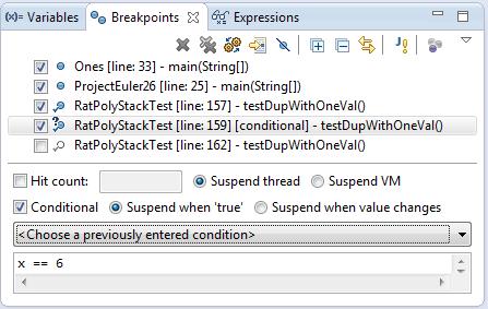 Break on Java Exception Eclipse can break whenever a specific exception is thrown.