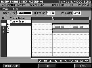 Select an Audio Track using the CURSOR, Then select Bank 1 Song Phrases. 2. Press and hold the SHIFT button, then press RECORD. This puts the MV-8000 into Audio Phrase Step-Recording mode 3.