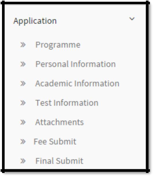 5. Application Steps Click on the Application link on the left menu and complete all sections of the application form.