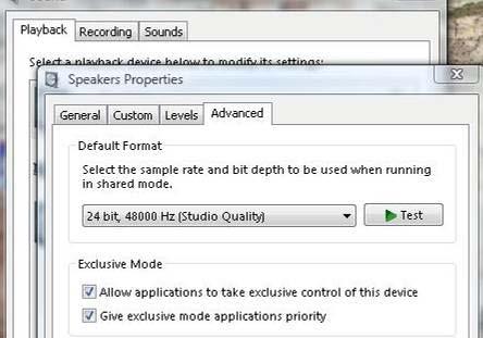 h. Click on the Advanced tab, set the Default Format to 24 bit, 48000 Hz (Studio Quality).