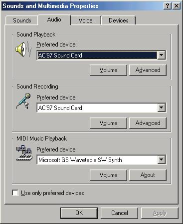 On the Sound and Multimedia Properties screen, make sure the Audio page is selected. Click the Preferred device box for both Sound Playback and Sound Recording.