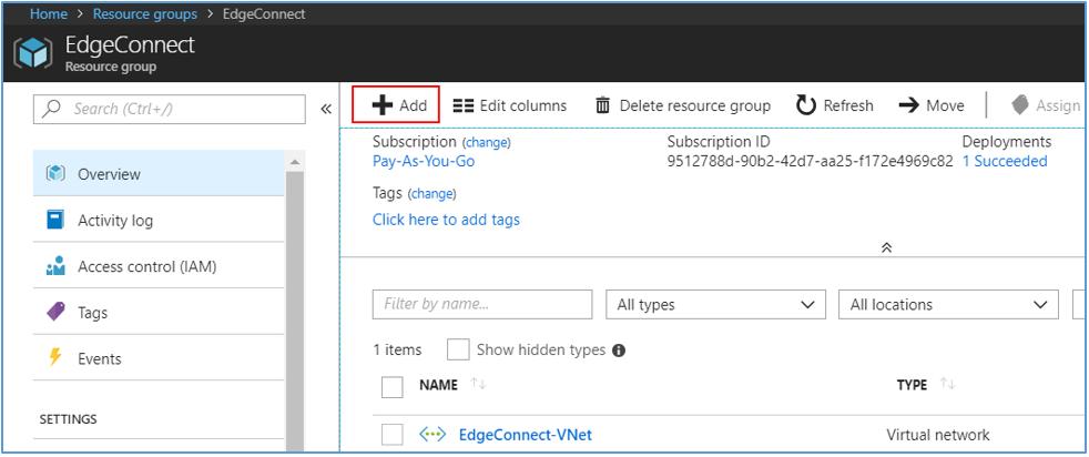 1. Log on to the Azure Portal. 2. Go to your existing Resource Group that you selected for the EdgeConnect deployment, and click the +Add icon. Figure 3: Resource Group page 3.