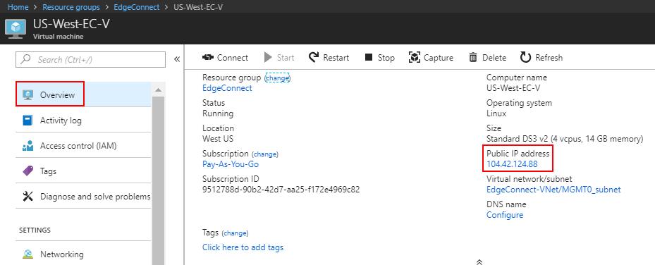 Configure your EC-V 1. Before you can configure your EC-V, locate its public IP address from the Azure Portal, as shown in figure 7. Make note of the MGMT0 public IP address.