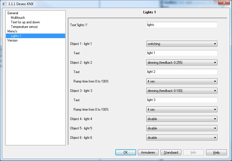 7.2.2 Lights Parameter Text lights n Object n light n Description The name of the main menu items of this page can be set with this parameter. This parameter enables or disables the light objects.