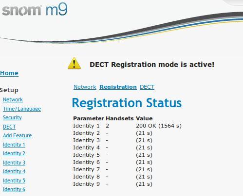 Now go to Status => Status => Registration and check that Identity 1 is correctly registered. (Figure 4.9).