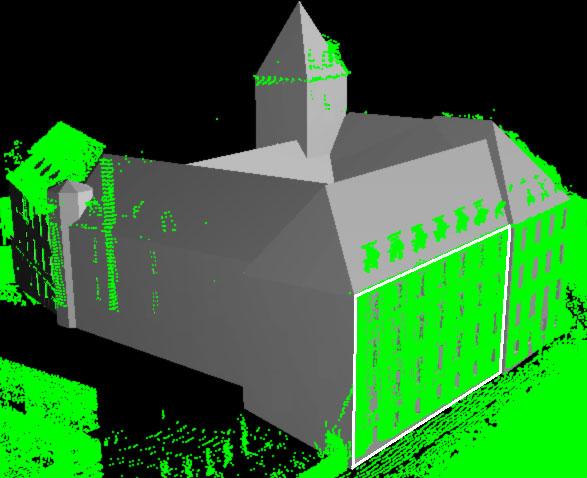 Within this process, the geometric information inherent in the available point cloud is exemplarily extracted for the facade marked by the white polygon.