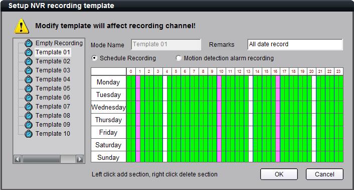 Click the mouse to add recording schedule; right click to cancel recording schedule. Then click key to save the settings.