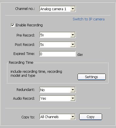 8.1.2 Schedule Recording Select to enter configuration interface. Enable recording by clicking the tick. Note: Recording Expired Redundant and Audio Record are only available for 9000 series DVR.
