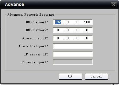 You can configure preferred DNS server1 and spare DNS server2, IP address of alarm host and IP server.