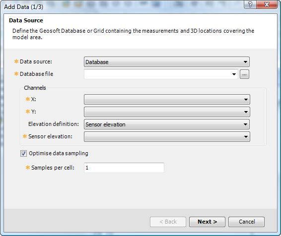 Running an Inversion Using Gradient Weighting Figure 1.5 Add Data (1/3) dialog box 2. From the Data Source list, select Database. For the Database file, click the Browse button. 3.